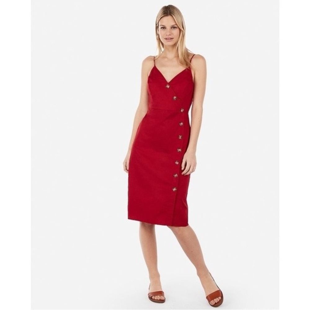 Express Button Front Midi Dress Womens XS Red Wrap‎ Smocked Back Sundress Chic